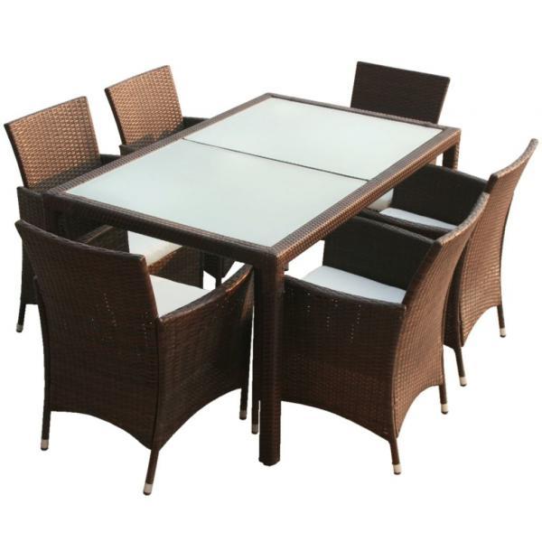 Set comedor de jardín 7 piezas y cojines ratán sintético marrón 2