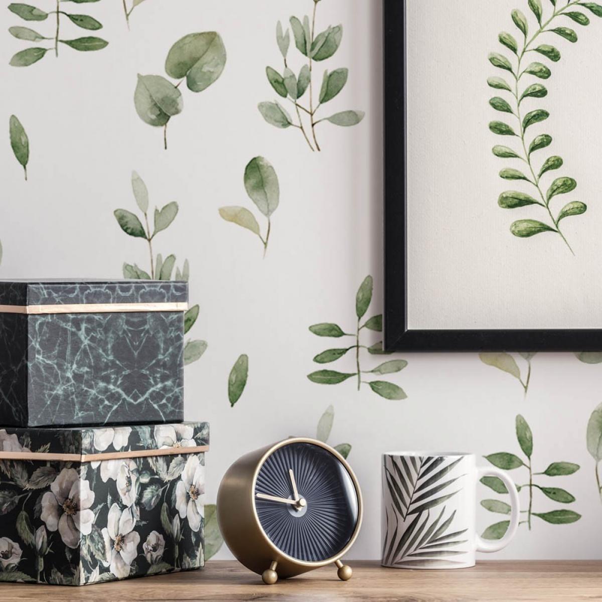 Rollo de papel pintado baño de dos paneles autoadhesivos canvas EUCALIPTO