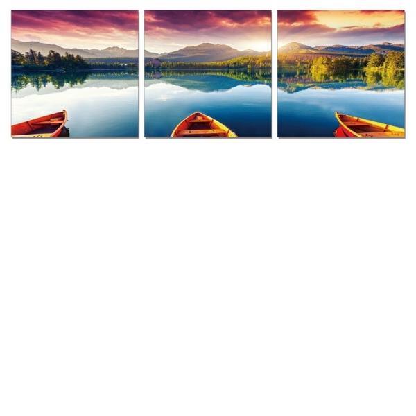 cuadro tríptico BARCA EN EL LAGO