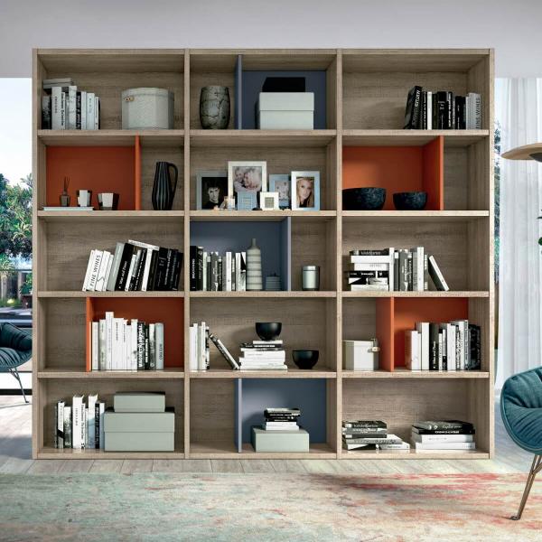lápiz viva trigo Mueble de librería para salón moderno en color roble combinado con teja y  zinc