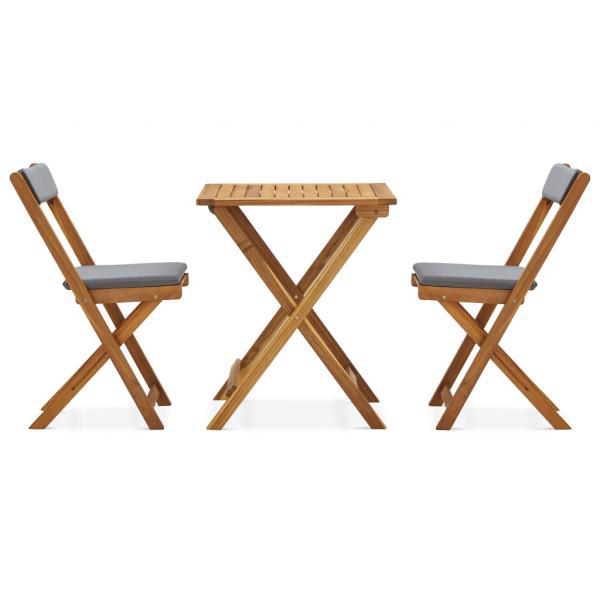 Mesa y sillas bistró plegables 3 pzas y cojines madera maciza