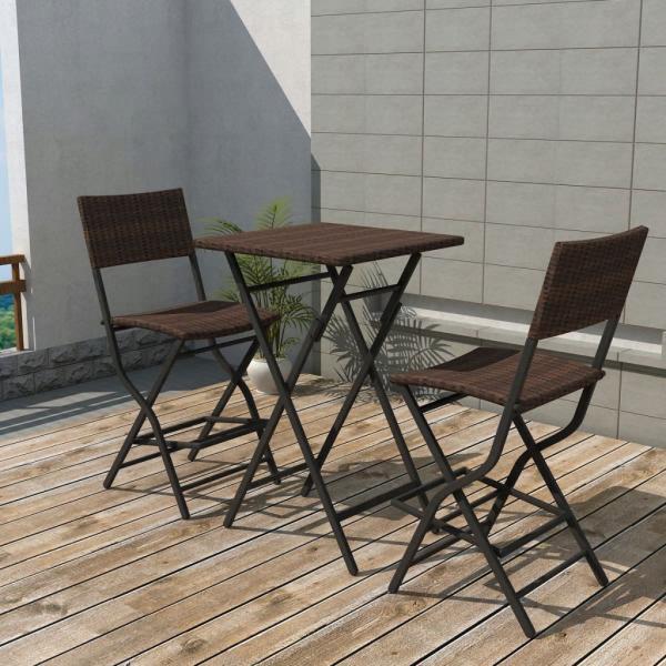 Mesa y sillas de jardín plegables 3 pzs acero poli ratán marrón