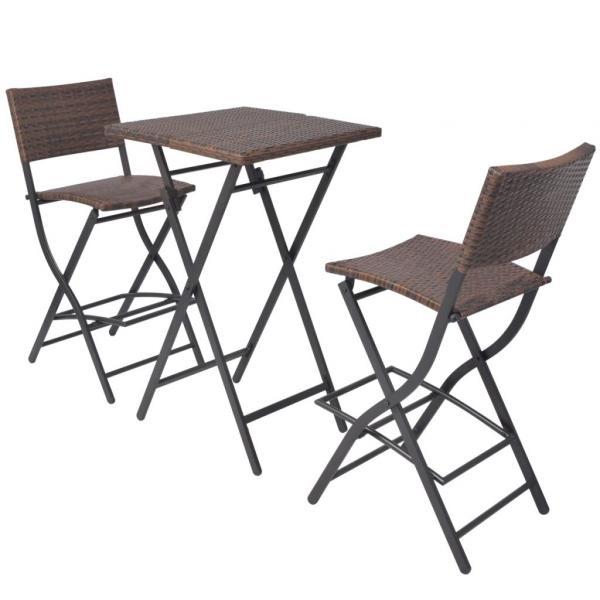 Mesa y sillas de jardín plegables 3 pzs acero poli ratán marrón