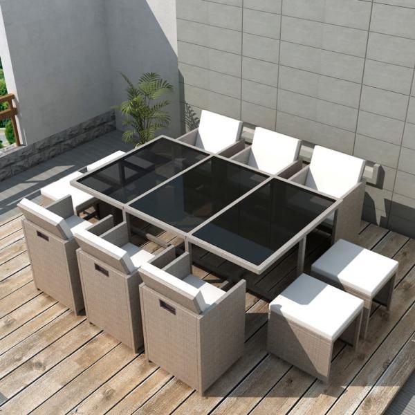 Set comedor de jardín 11 piezas y cojines ratán sintético beige_1