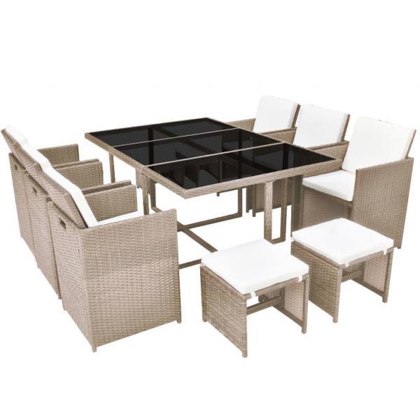 Set comedor de jardín 11 piezas y cojines ratán sintético beige_1