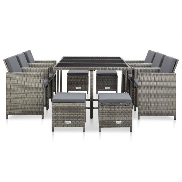 Set de comedor de jardín 11 pzas y cojines ratán sintético gris _4