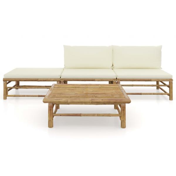 Set de muebles de jardín 4 piezas bambú y cojines blanco crema