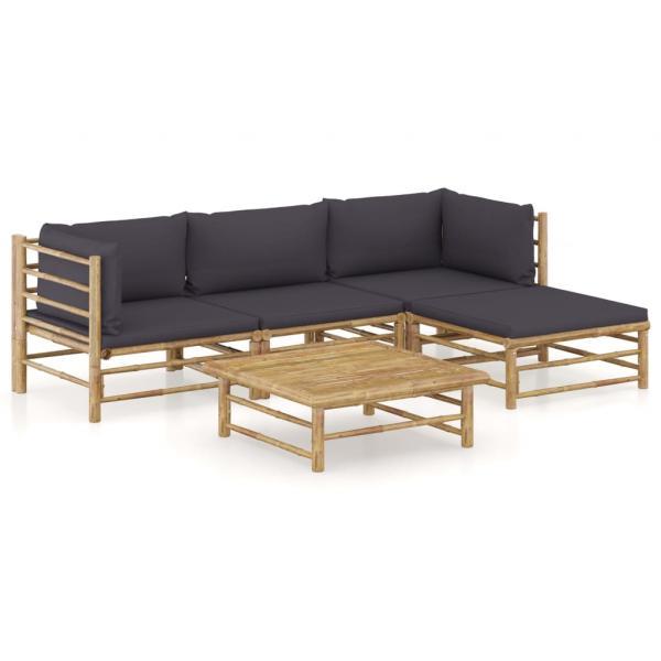 Set de muebles de jardín 5 piezas bambú y cojines gris oscuro