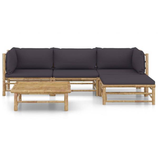 Set de muebles de jardín 5 piezas bambú y cojines gris oscuro