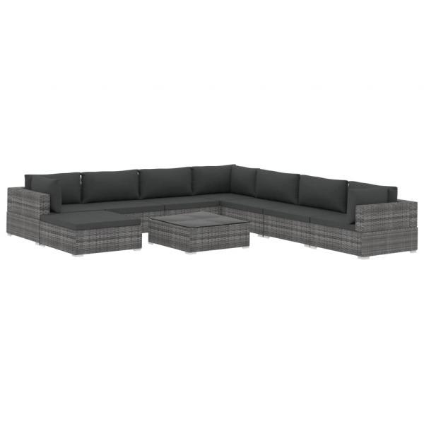 Set de muebles de jardín 9 pzas y cojines ratán sintético gris_1
