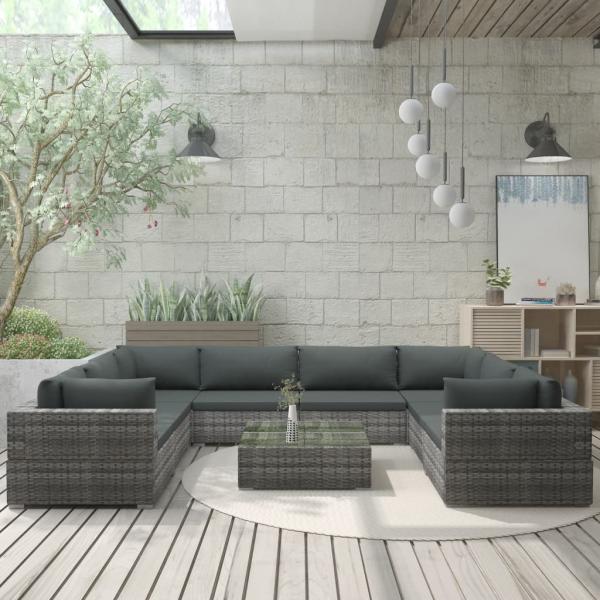 Set de muebles de jardín 9 pzas y cojines ratán sintético gris_2