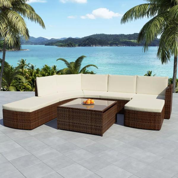 Set muebles de jardín 5 piezas y cojines ratán sintético marrón_1