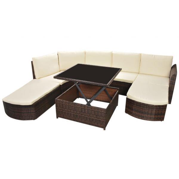 Set muebles de jardín 5 piezas y cojines ratán sintético marrón_1