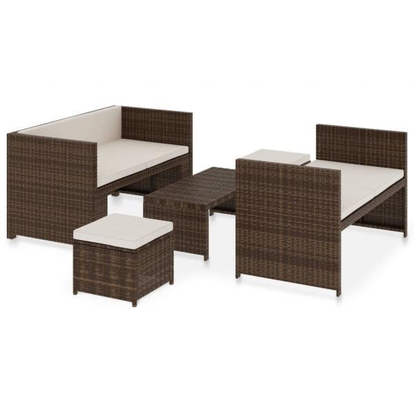 Set muebles de jardín 5 piezas y cojines ratán sintético marrón_9