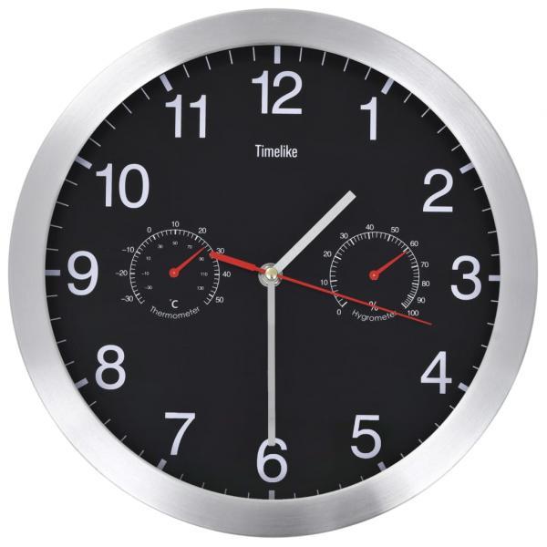 Reloj de pared de cuarzo higrómetro y termómetro 30 cm negro