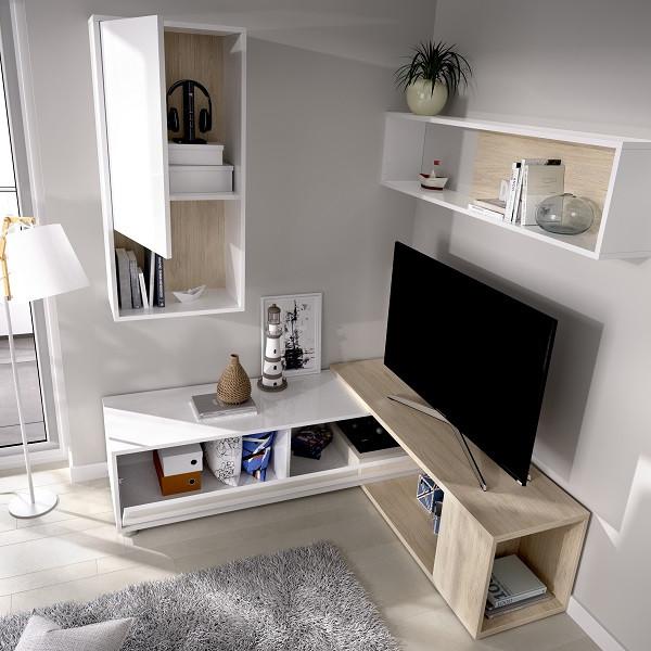 Mueble de salón, mueble tv acabado blanco brillo y natural, con posición de  rinconera.