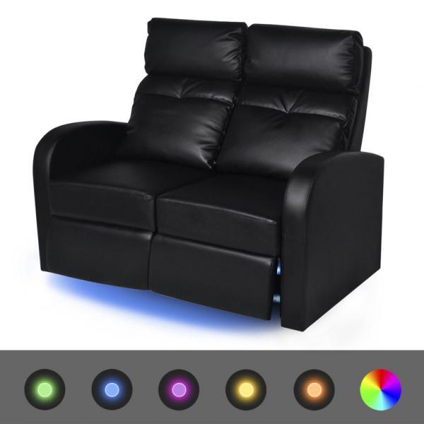 Sofá reclinable LED 2 plazas de cuero artificial negro 