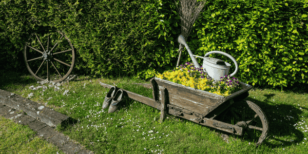 Carretilla antigua convertida en jardinera decorativa, un ejemplo de muebles de jardín DIY con objetos reciclados y encanto rural
