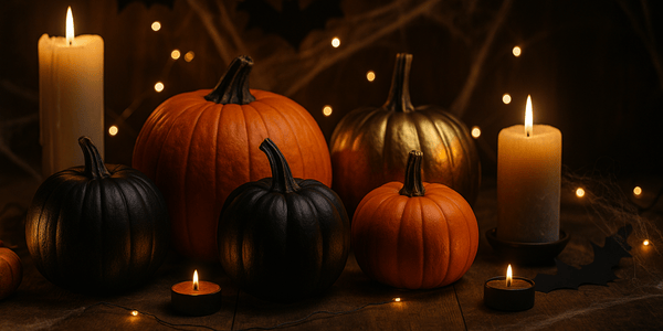 Escena de Halloween con calabazas naranjas, negras y doradas iluminadas por velas y luces LED, telarañas decorativas y ambiente spooky pero elegante para decorar el hogar.