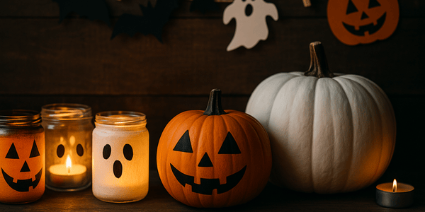 Decoración DIY de Halloween con portavelas de tarros reciclados pintados con caras de calabaza y fantasmas, acompañados de calabazas naranjas y blancas, velas encendidas y guirnaldas, estilo acogedor y spooky.