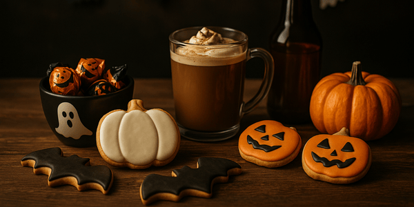 Mesa de Halloween con galletas caseras en forma de murciélagos y calabazas, chocolates envueltos en papel temático, taza de chocolate caliente con nata y calabazas decorativas, ambiente otoñal y cozy.
