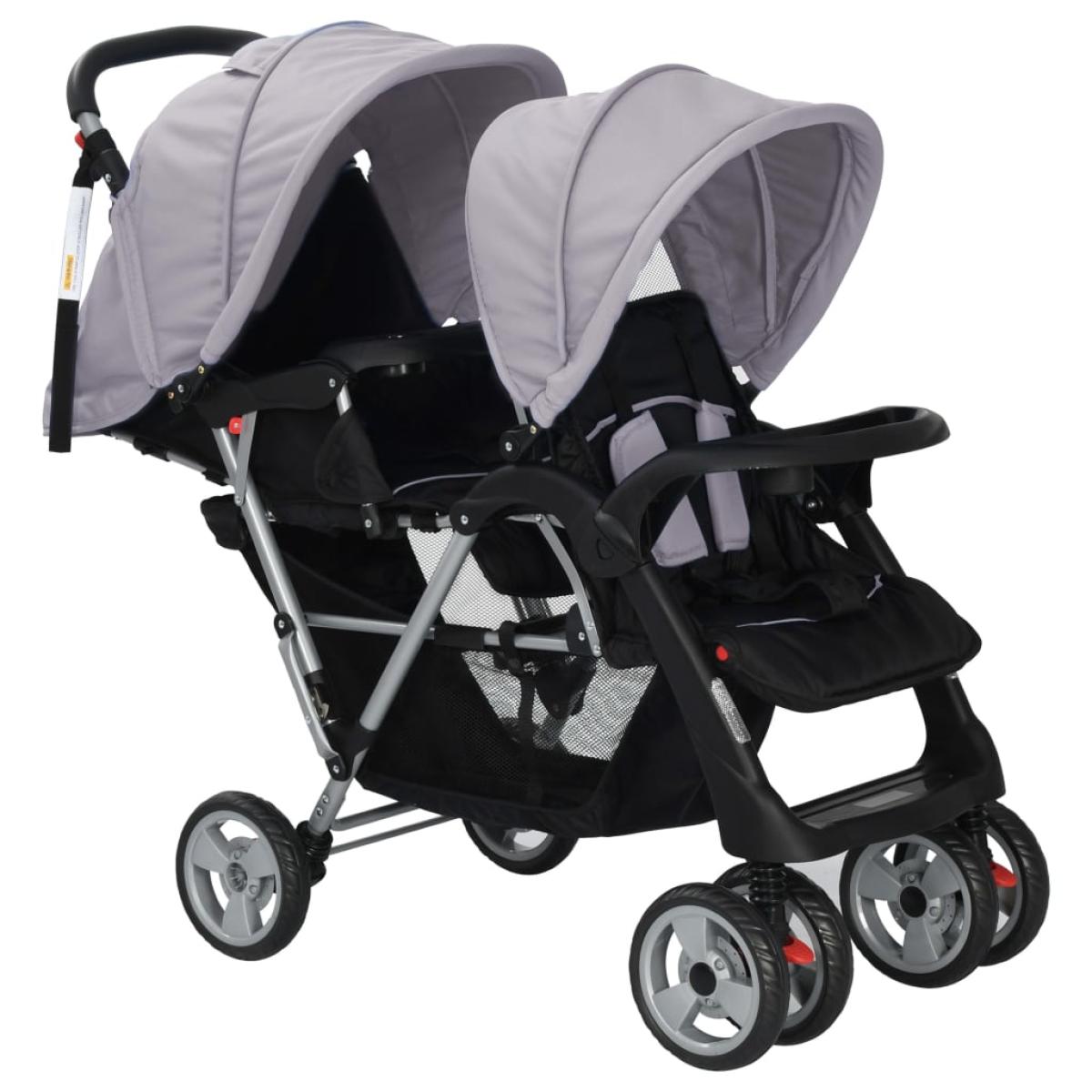 Carrito para 2 niños tandem de acero gris y negro
