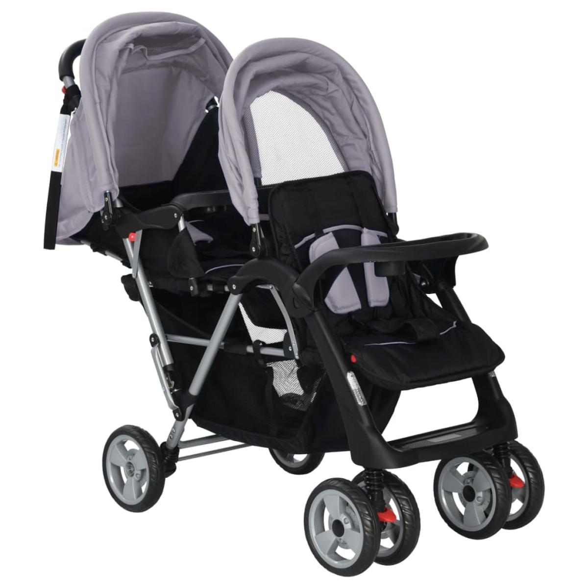 Carrito para 2 niños tandem de acero gris y negro