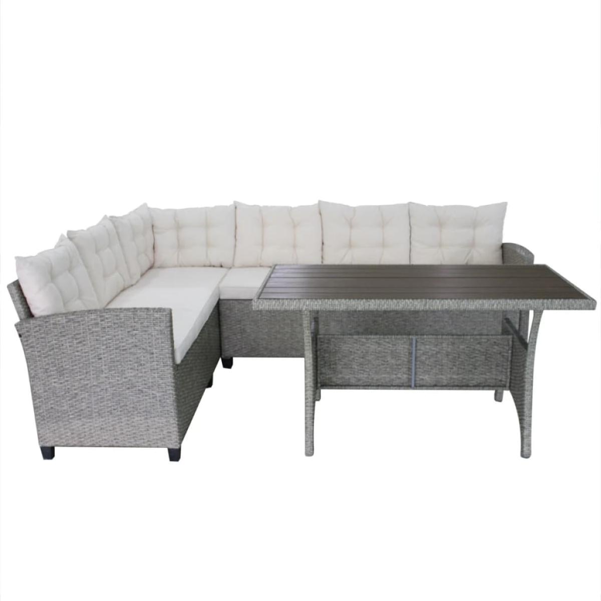 Set de muebles de jardín 3 pzas y cojines ratán sintético gris