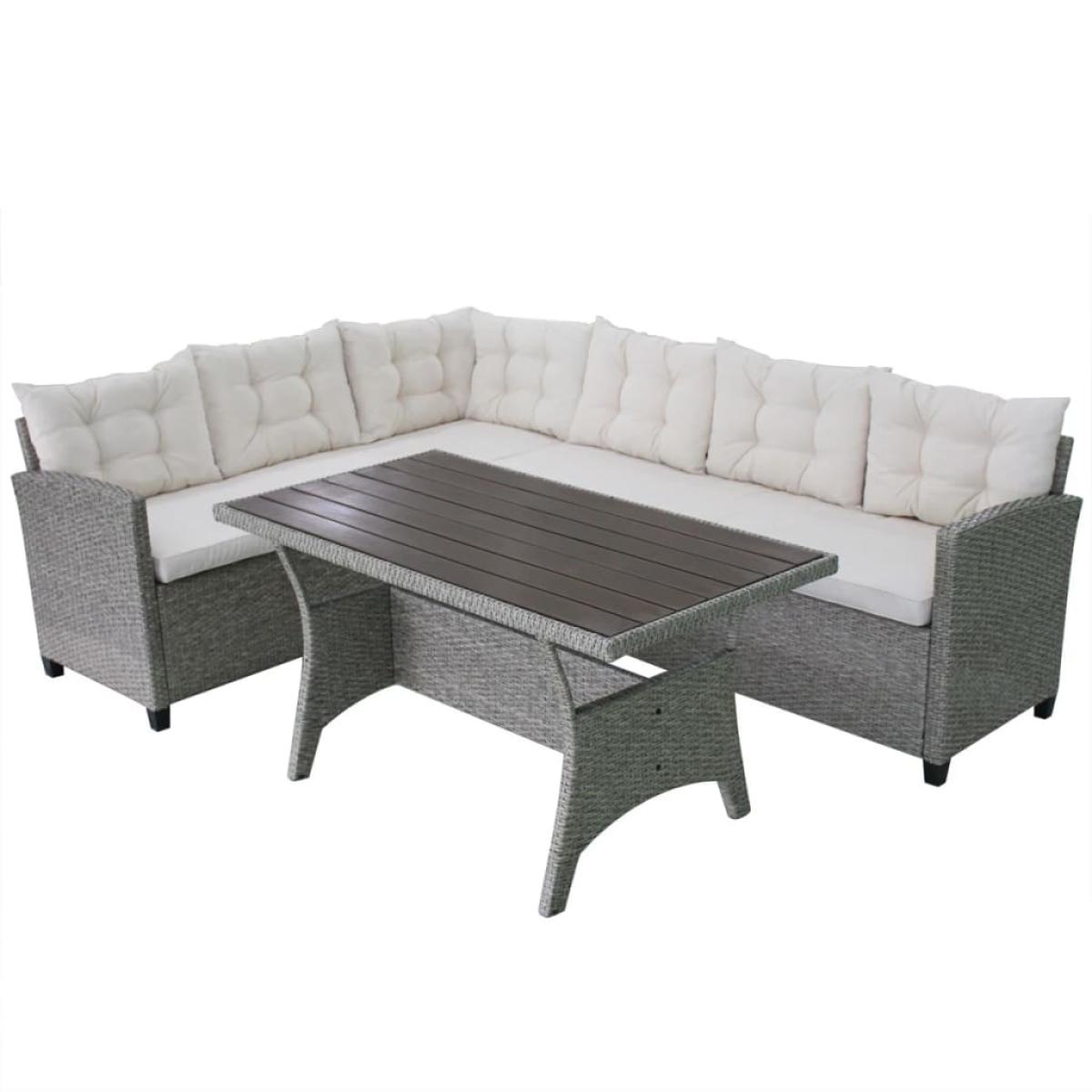 Set de muebles de jardín 3 pzas y cojines ratán sintético gris