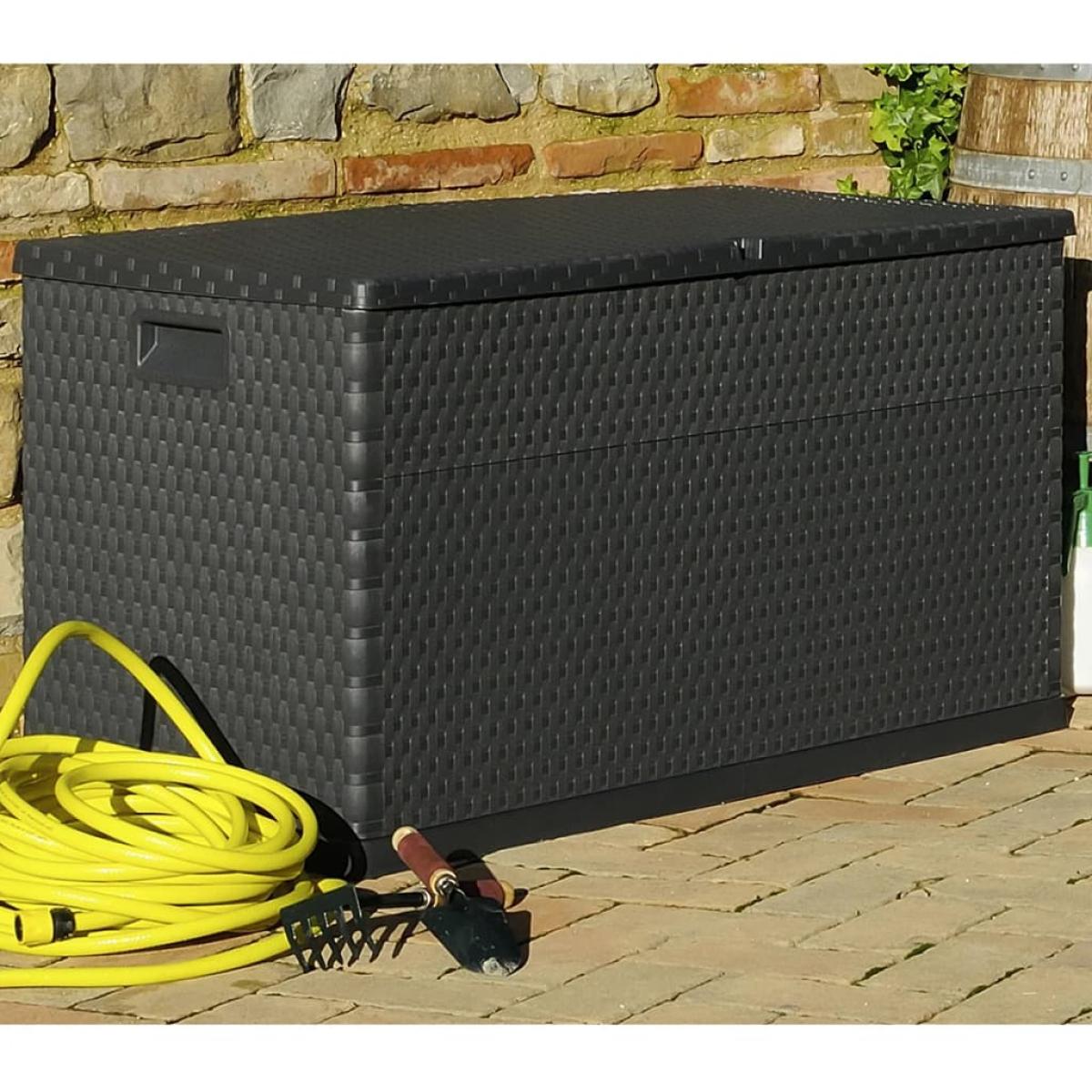 Caja de almacenamiento de jardín marrón ratán PP 120x56x63 cm