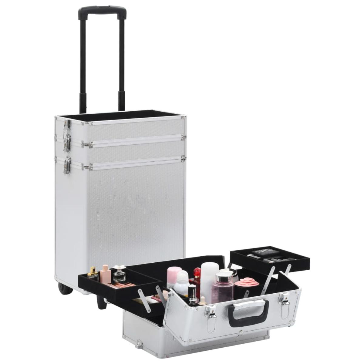 Maletín trolley de maquillaje de aluminio plateado