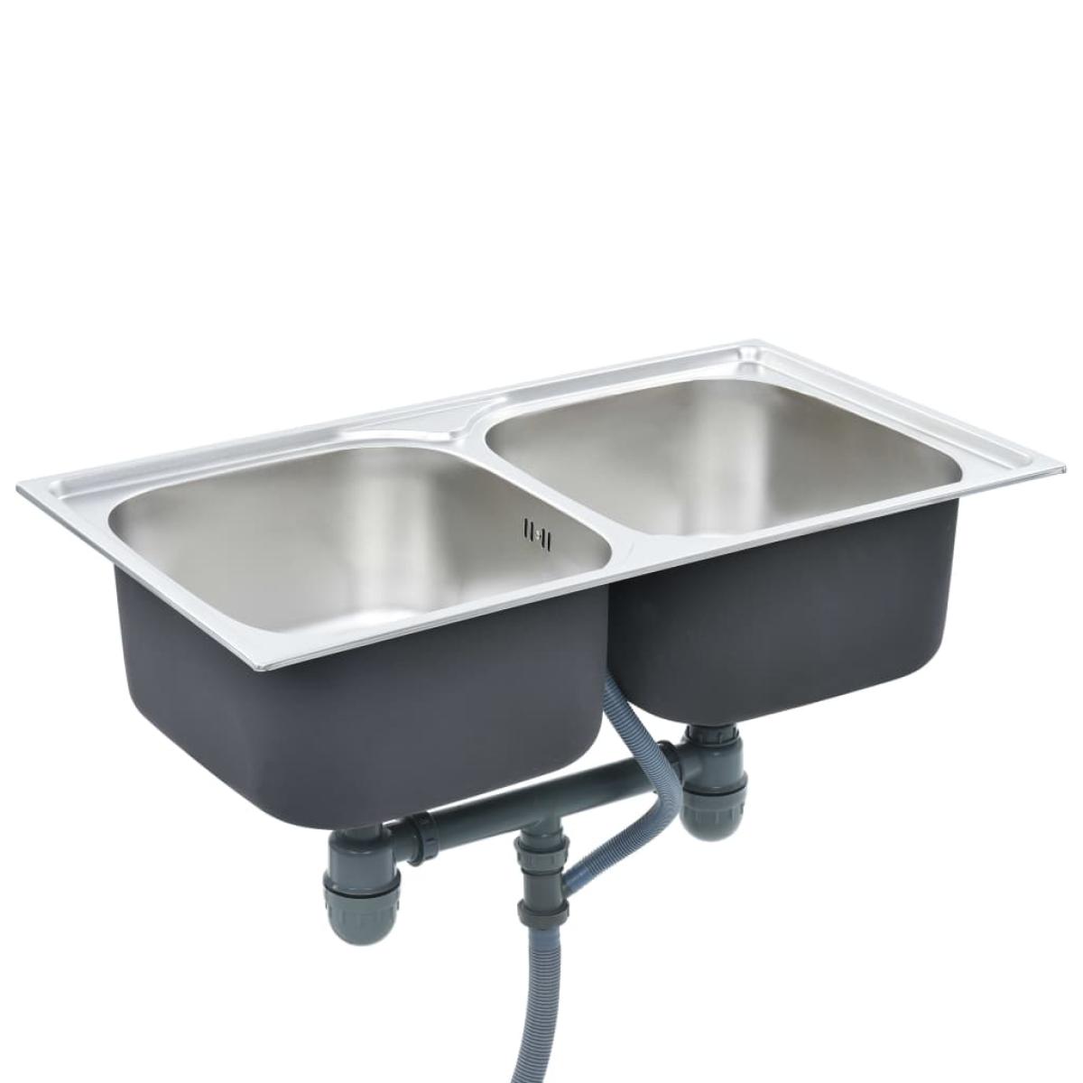 Fregadero de doble seno con colador y sifón de acero inoxidable
