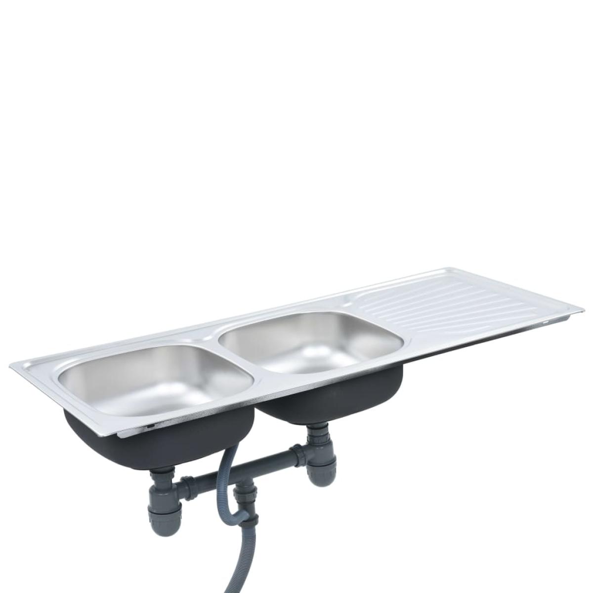 Fregadero de doble seno con colador y sifón de acero inoxidable