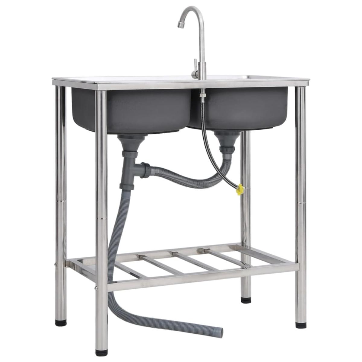 Fregadero de camping doble seno y grifo acero inoxidable