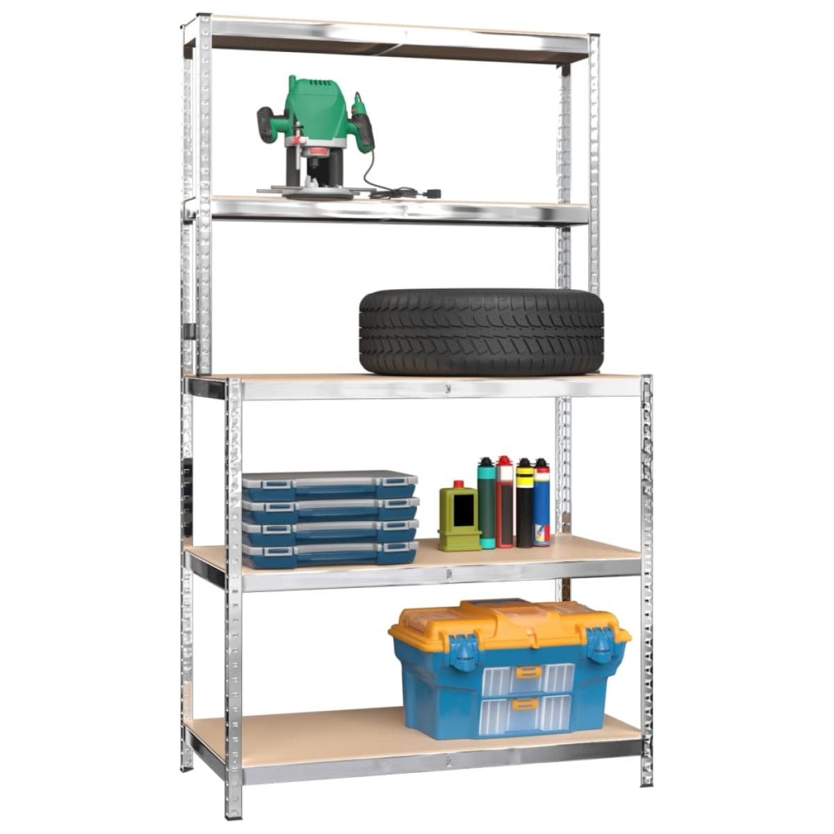 Mesa de trabajo con estantes 5 niveles madera y acero plata