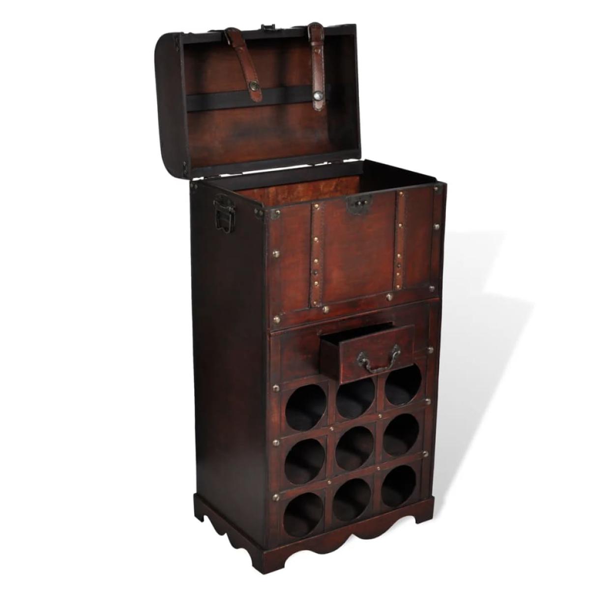 Botellero de madera para 9 botellas baúl con cajón