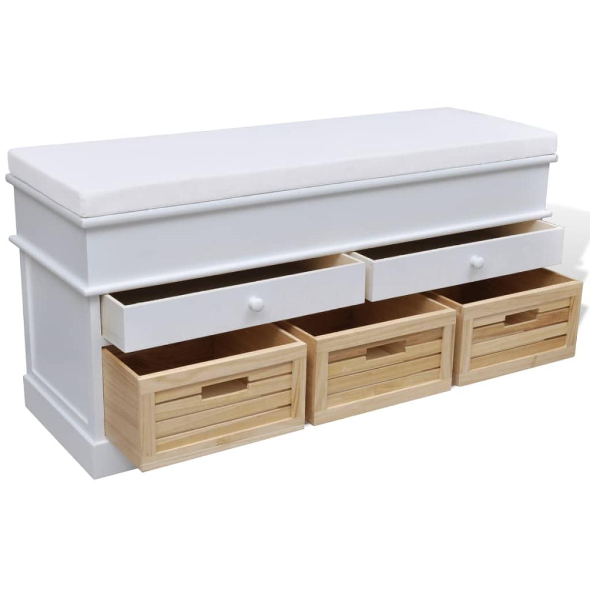 Banqueta blanca con cojin y cajones -cestas