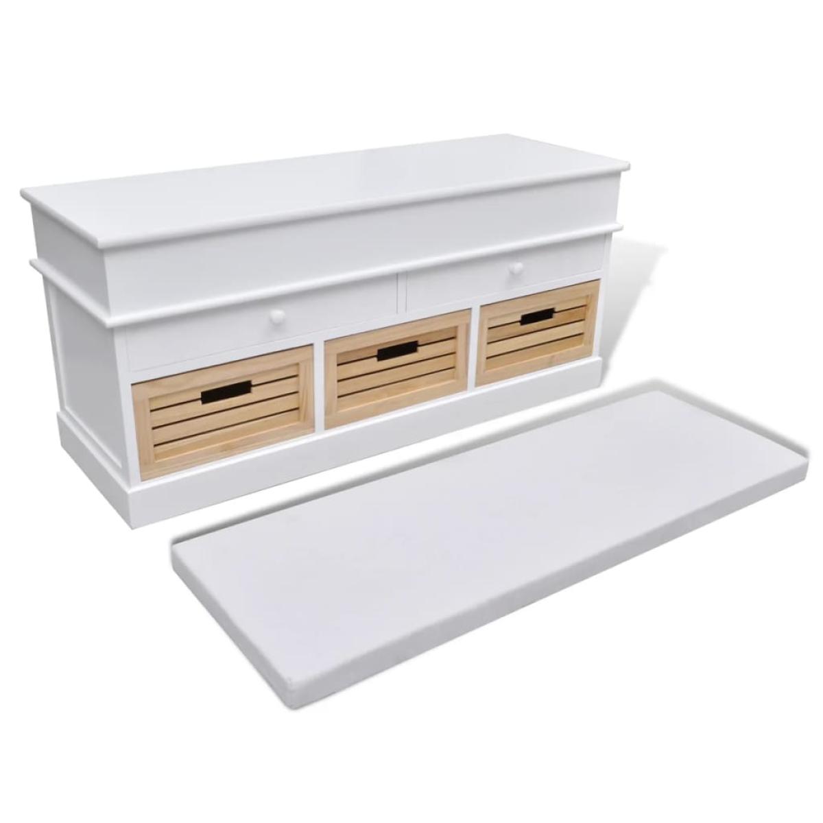 Banqueta blanca con cojin y cajones -cestas