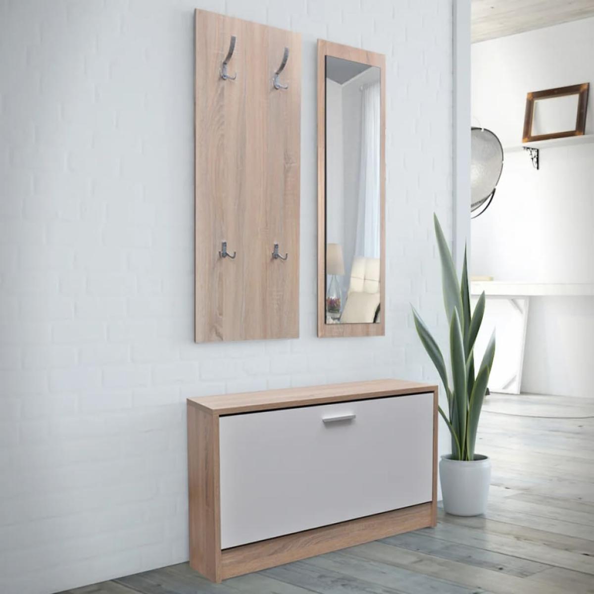 Muebles de entradita con zapatero madera 3 color roble y blanco