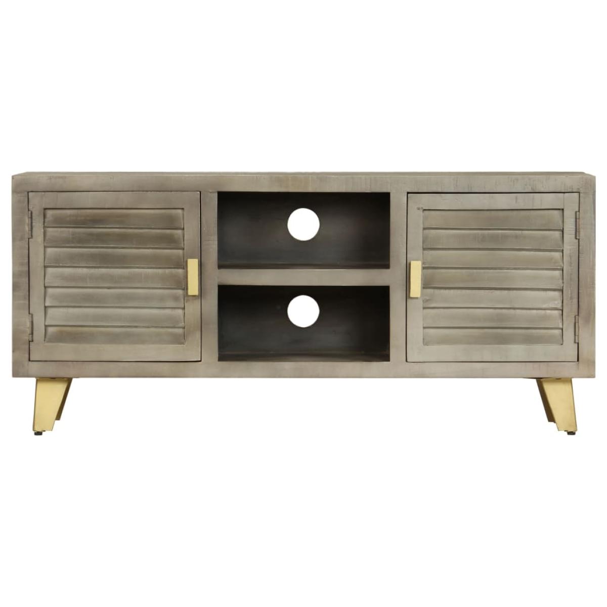 Mueble TV de madera de mango maciza gris y latón 110x30x48 cm
