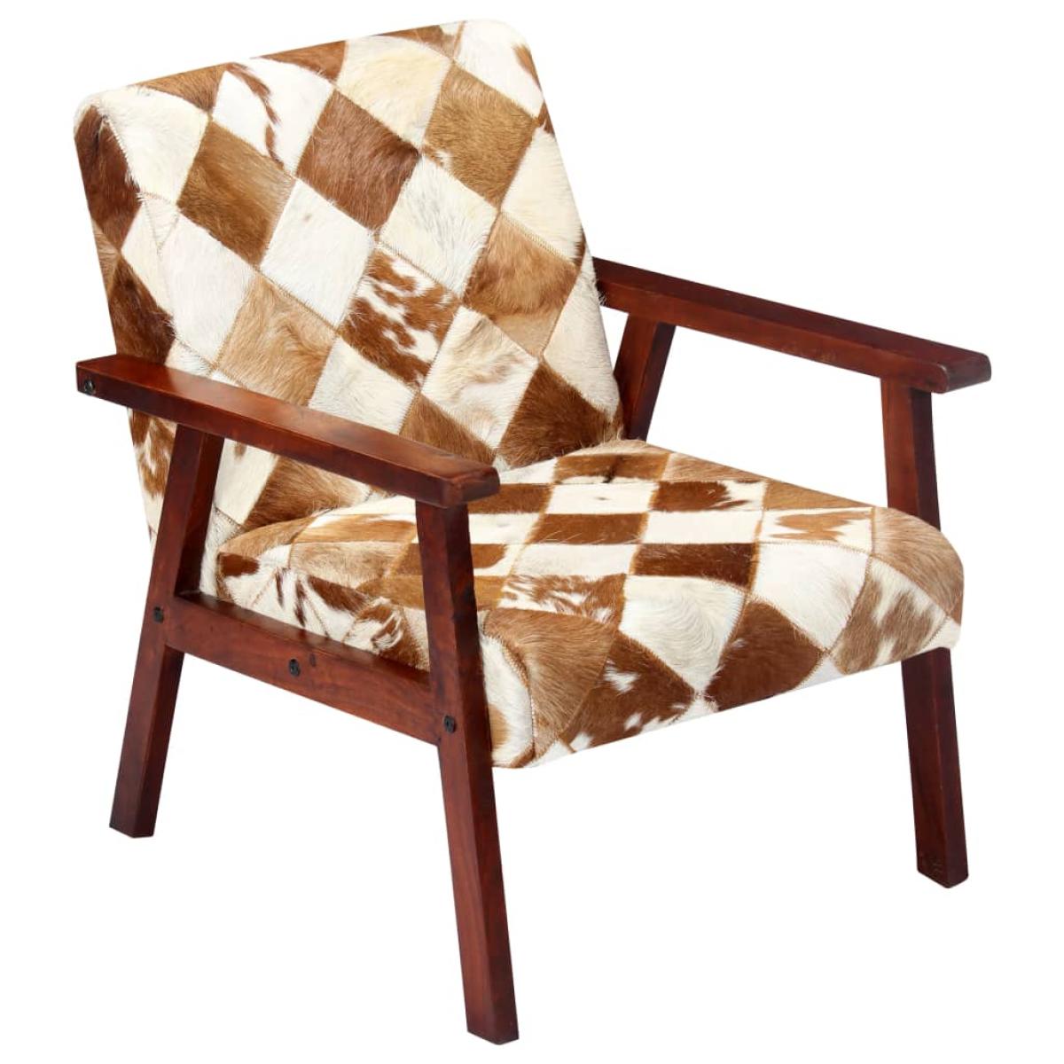 Sillón de cuero auténtico de cabra blanco y marrón 