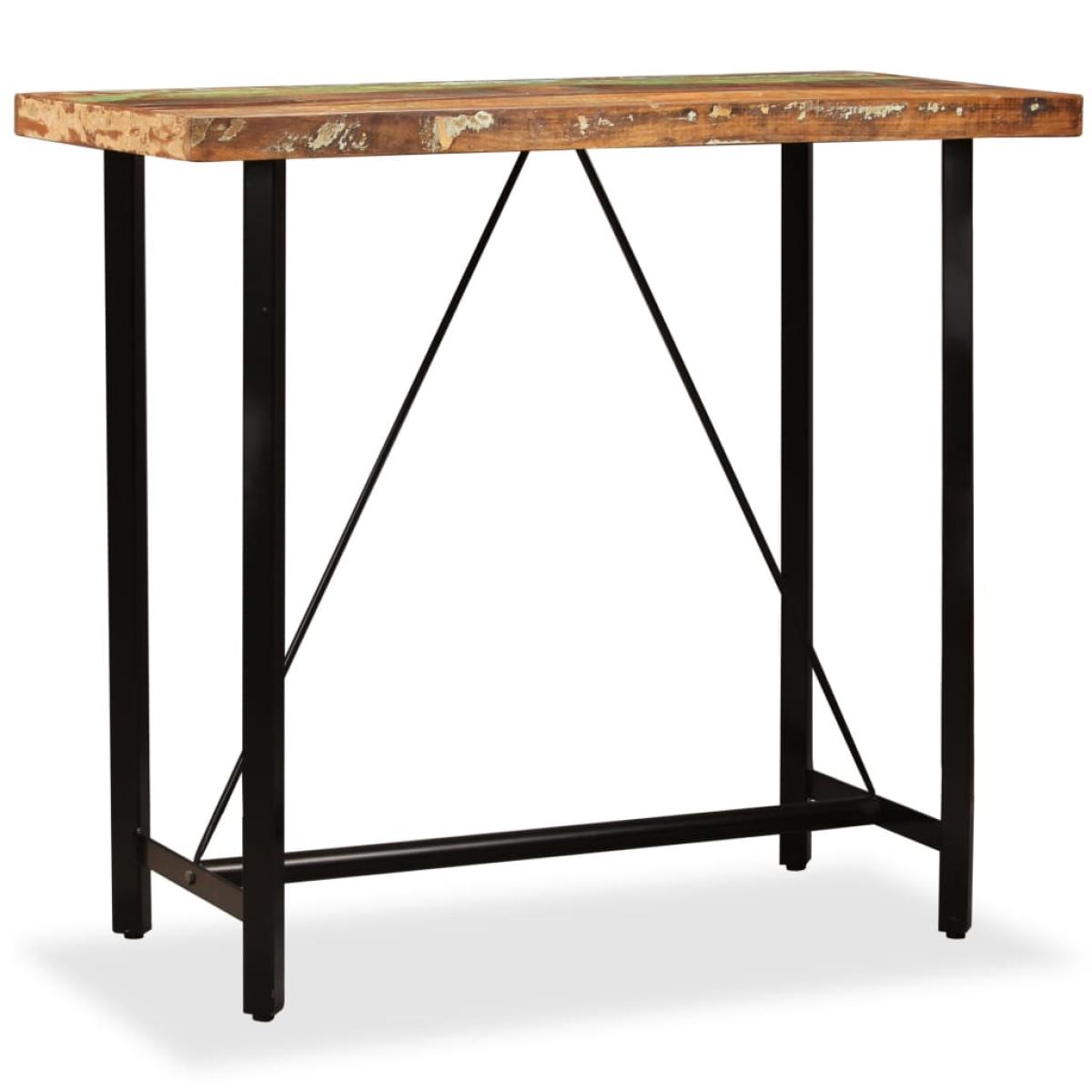 Mesa y 4 taburetes bar madera maciza reciclada cuero real lona