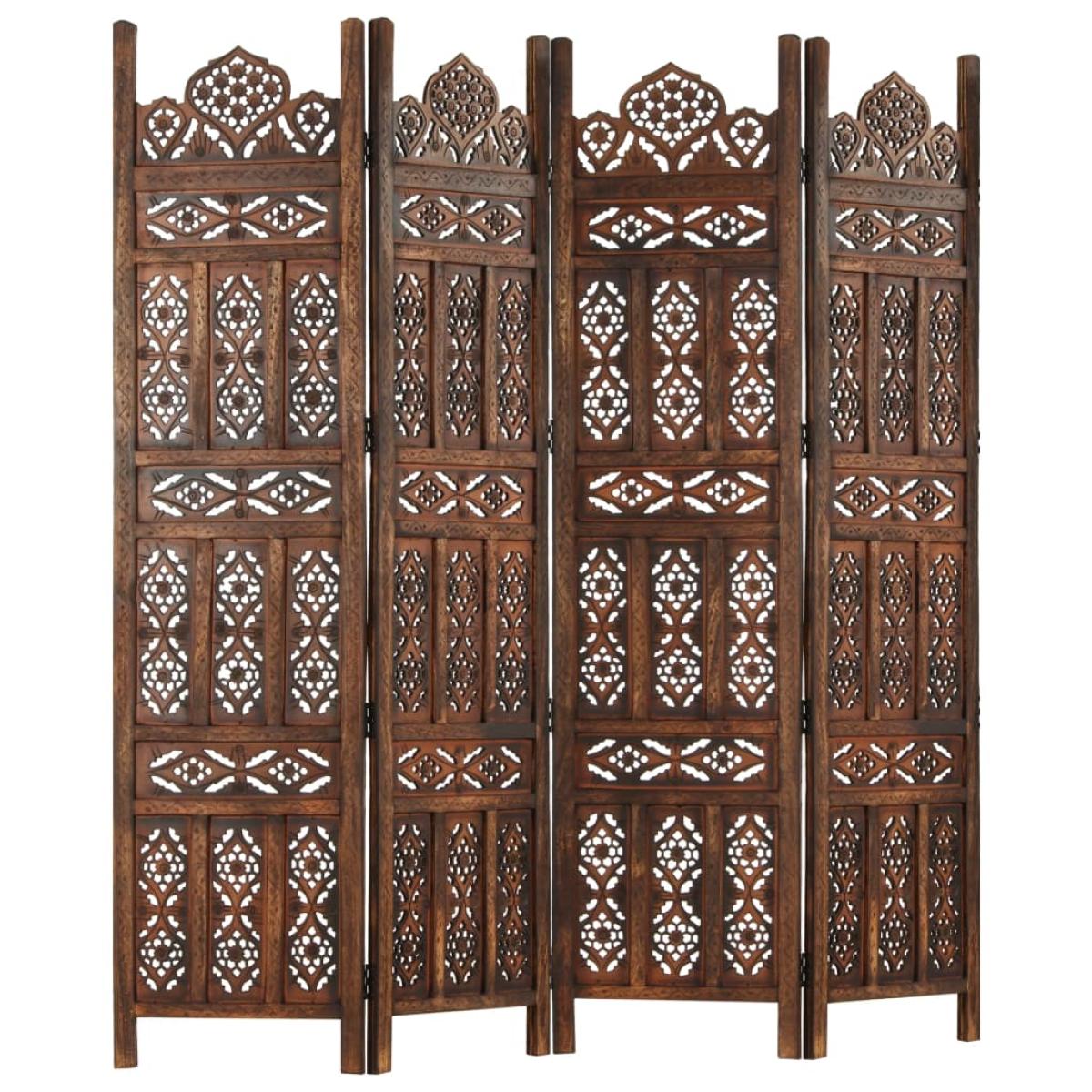 Biombo 4 paneles tallado a mano madera mango marrón 160x165 cm