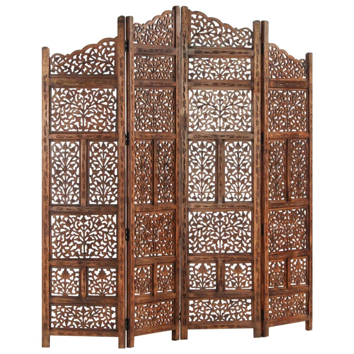 Biombo 4 paneles tallado a mano madera mango marrón 160x165 cm