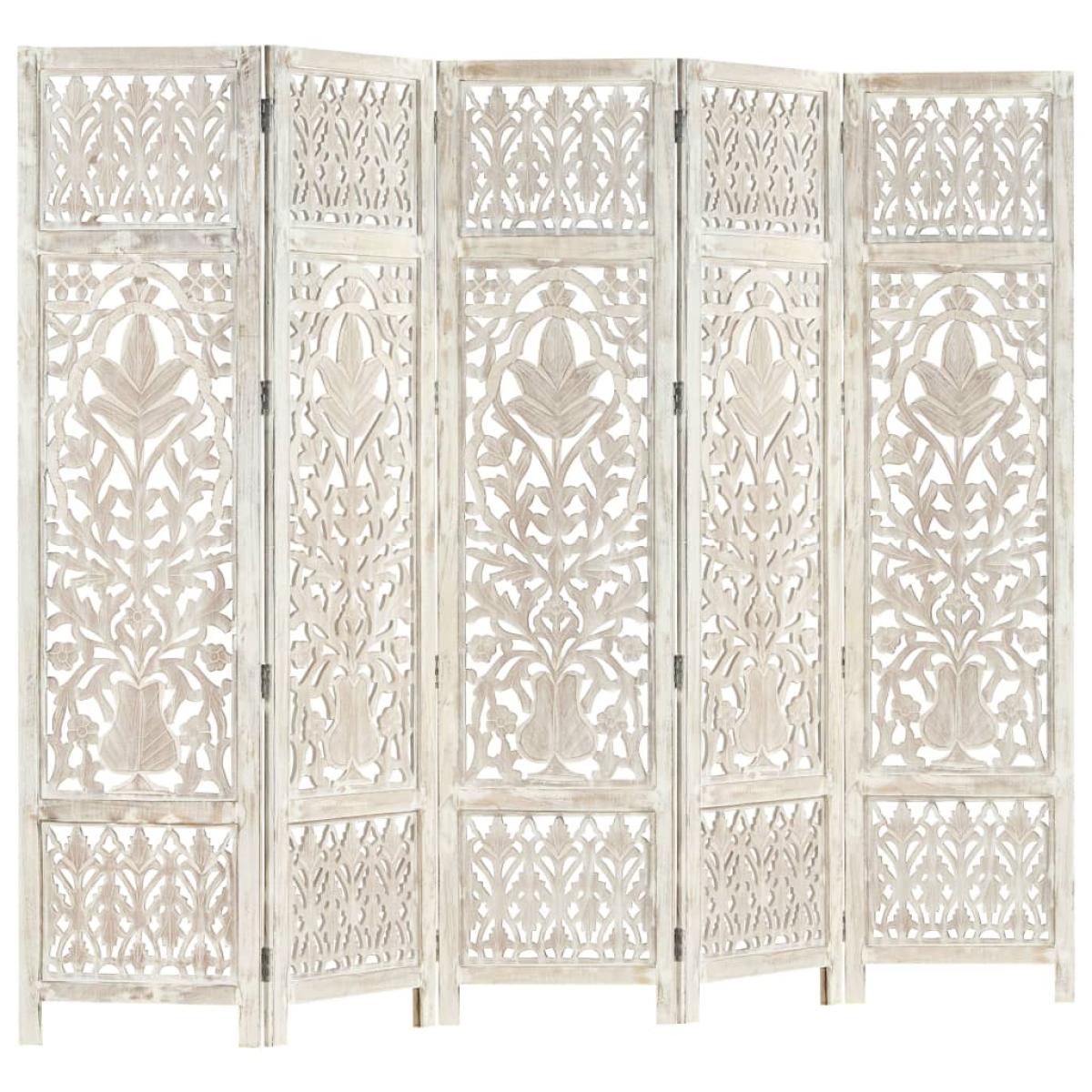 Biombo 5 paneles tallado a mano madera mango blanco 200x165 cm