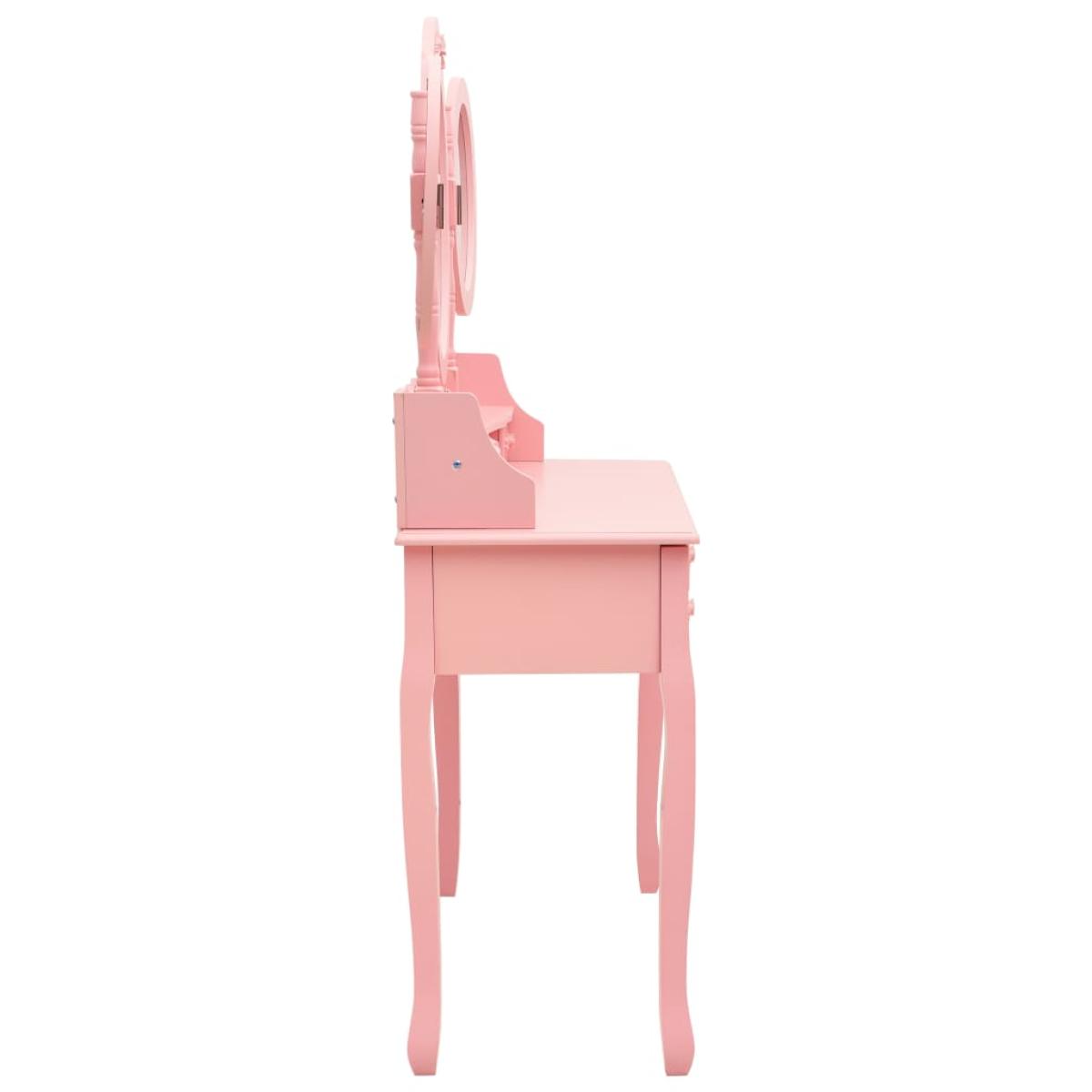 Tocador con taburete y espejo triple plegable rosa