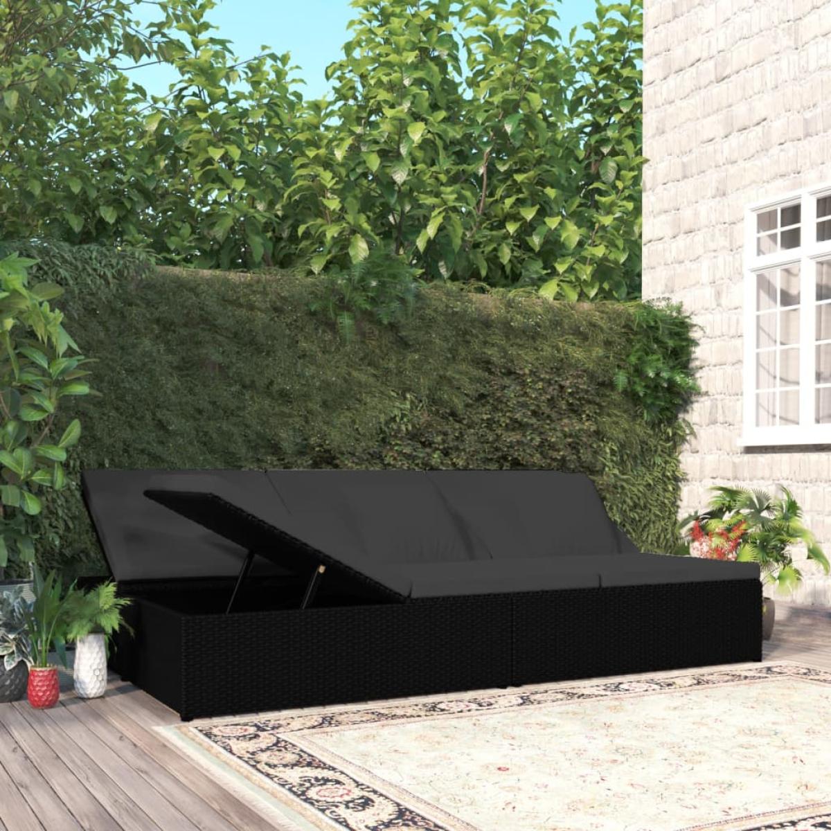 Tumbona convertible con cojines de ratán sintético negro