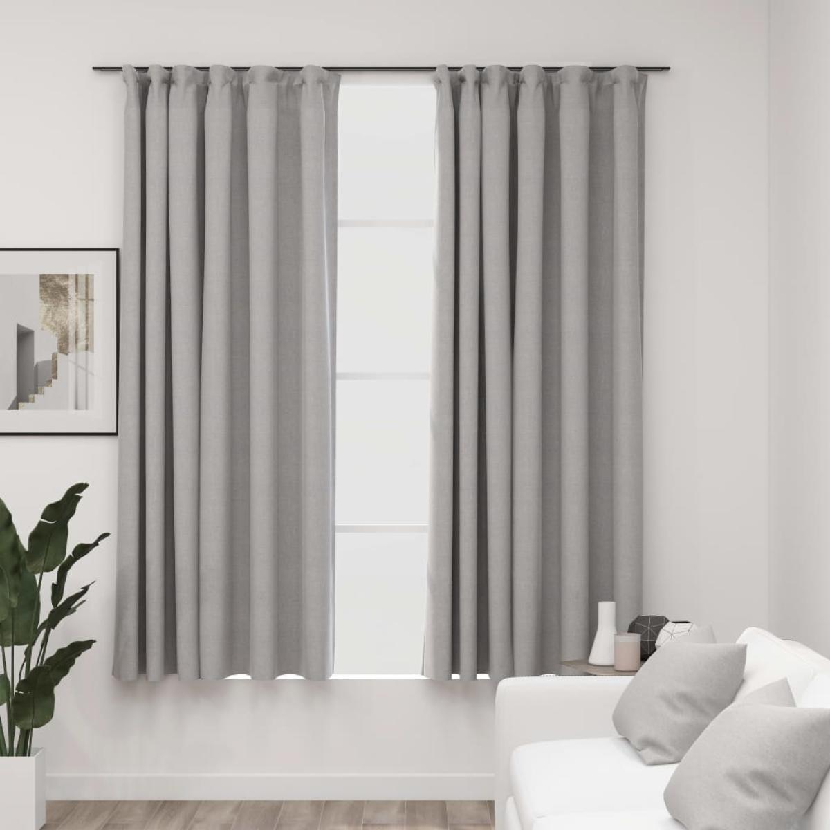 Cortinas opacas con ganchos look de lino 2 pzas gris 140x175 cm