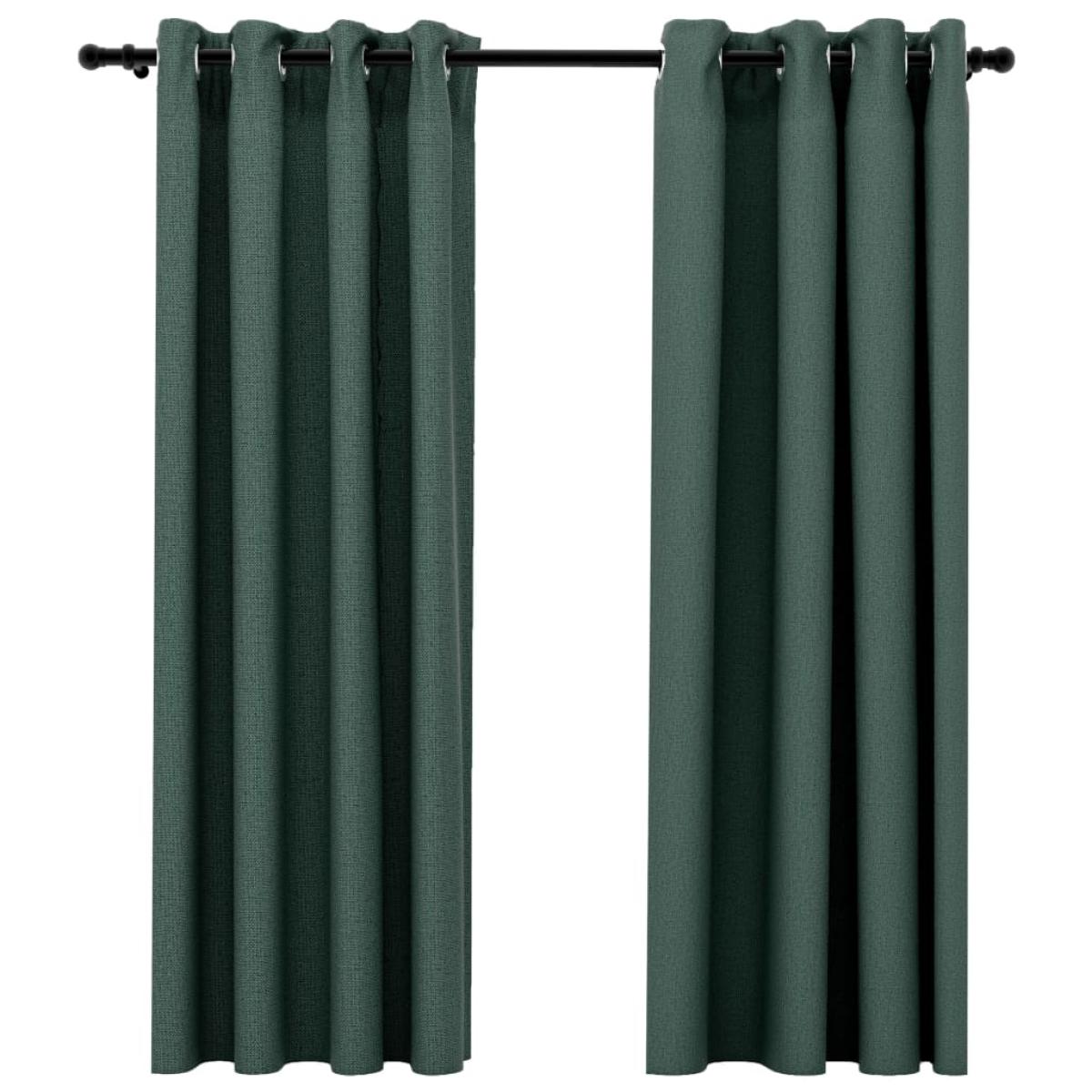 Cortinas opacas con ojales look de lino 2 pzas verde 140x175 cm