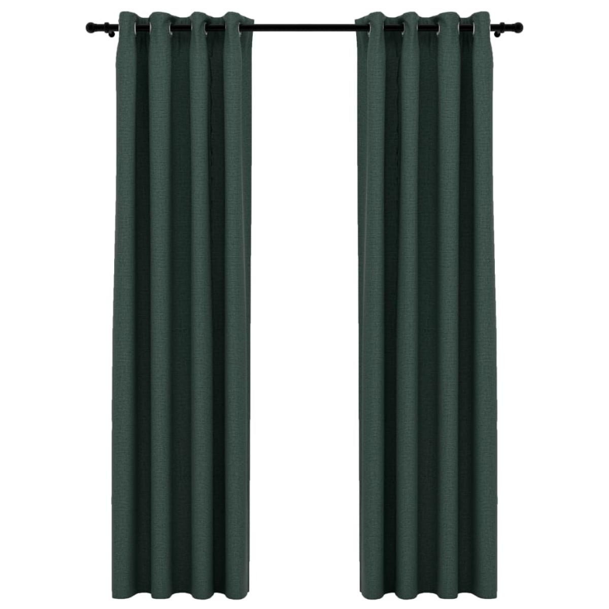 Cortinas opacas con ojales look de lino 2 pzas verde 140x225 cm